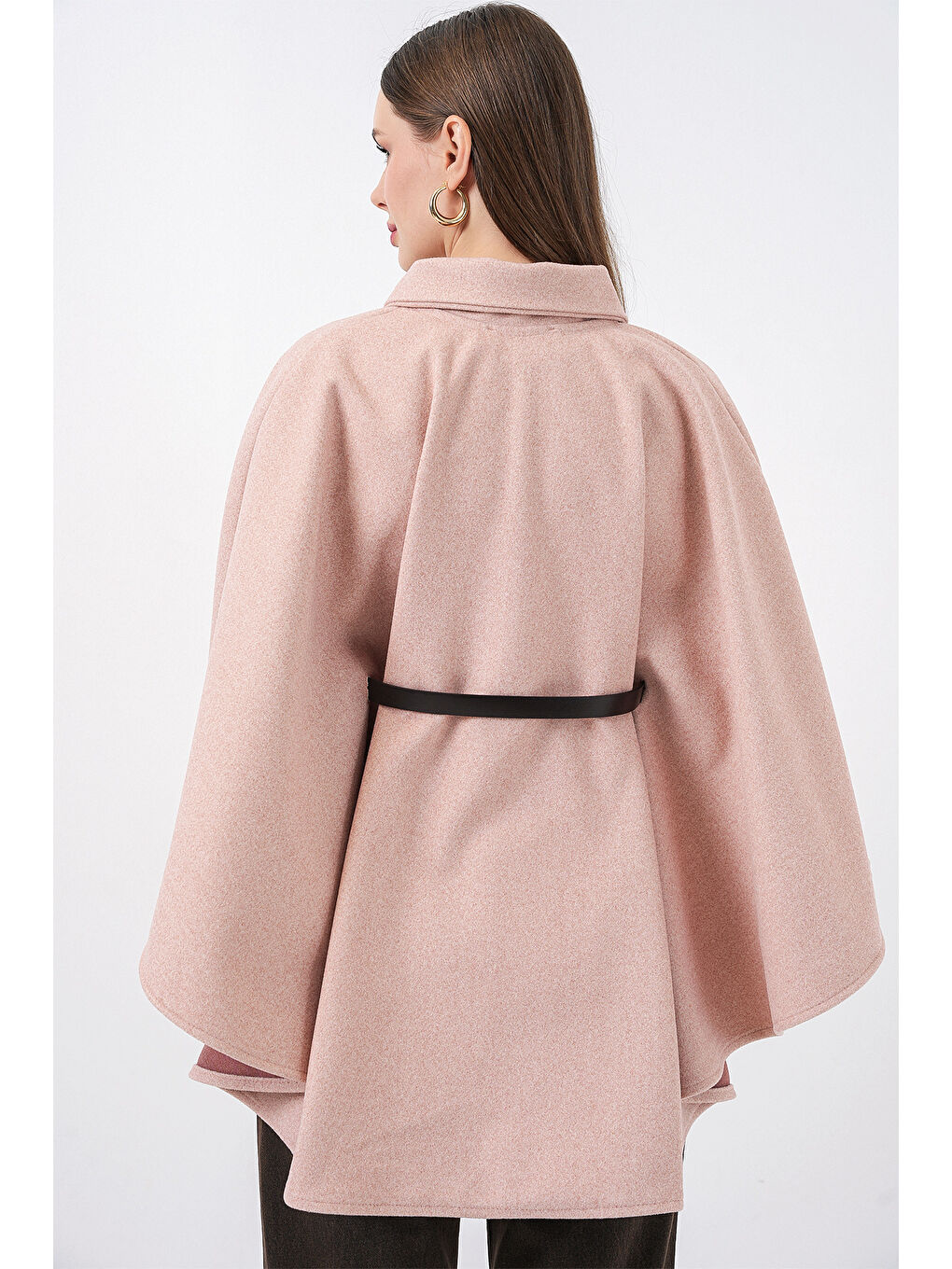 Pembe Kadın Kemerli Kaşe Panço 9170 - Pudra-5