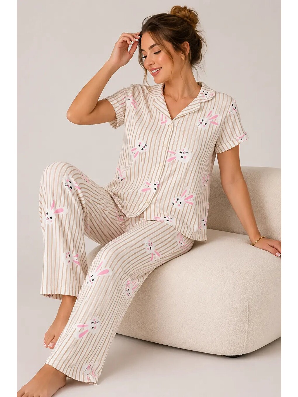 Ekru Desenli Kadın Pijama Takımı 9930-2