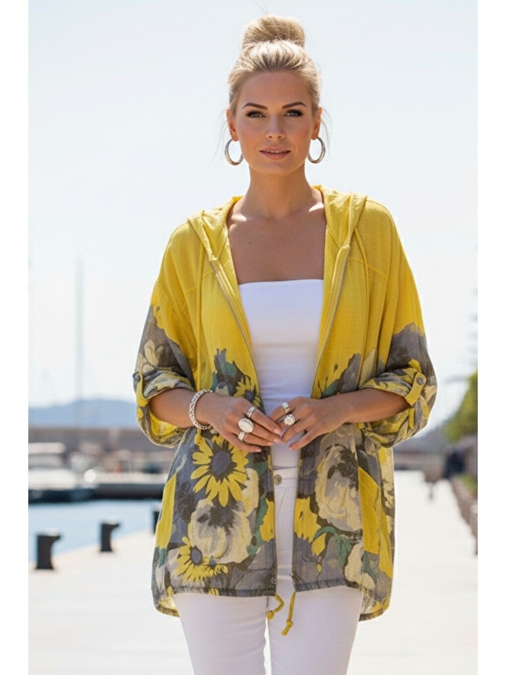 İtalyan Sarı Düğmeli Uzun Kollu Cepli Kapüşonlu Fermuarlı Baskılı Regular Boy Dokuma Ceket 68 65-2