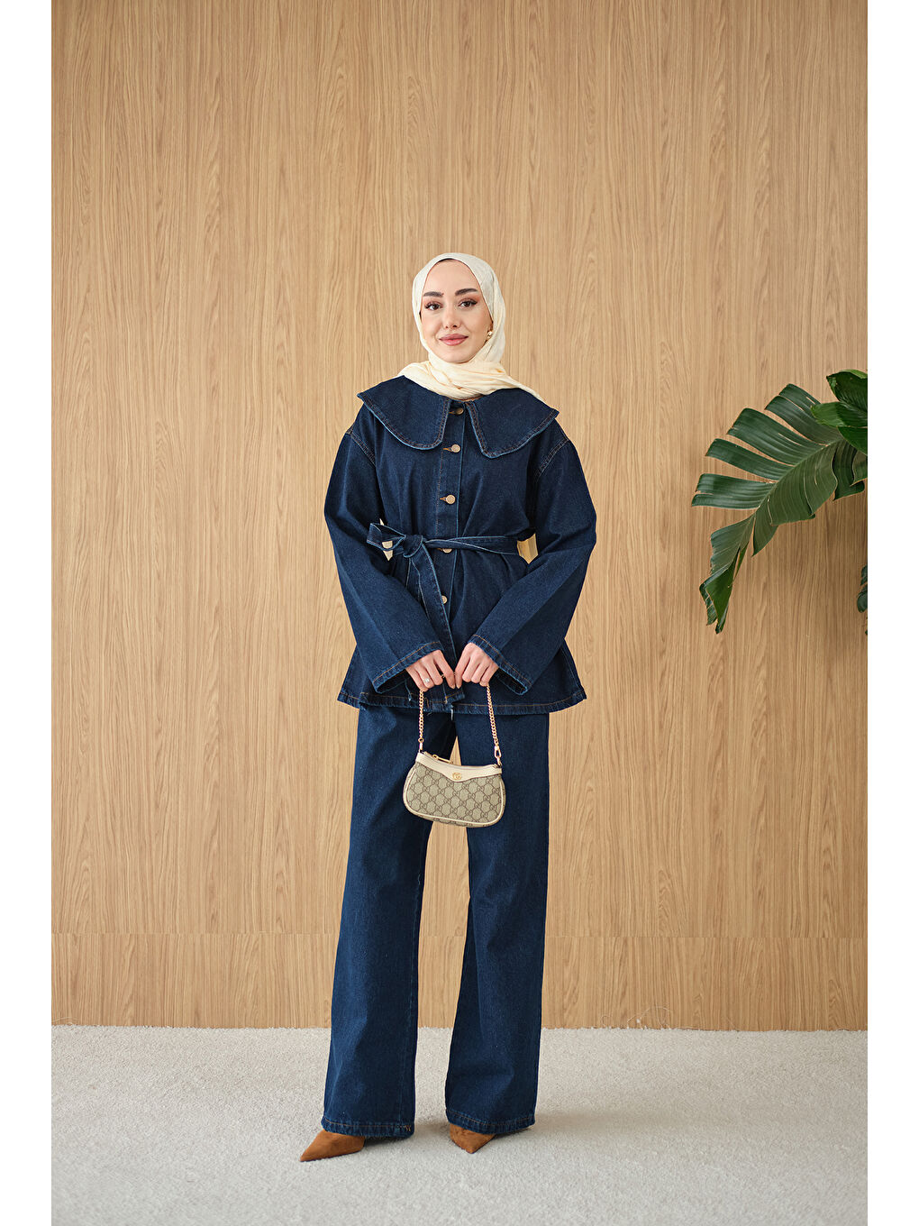 Kadın Bebe Yaka Bel Bağlamalı Jean Takım Lacivert-3