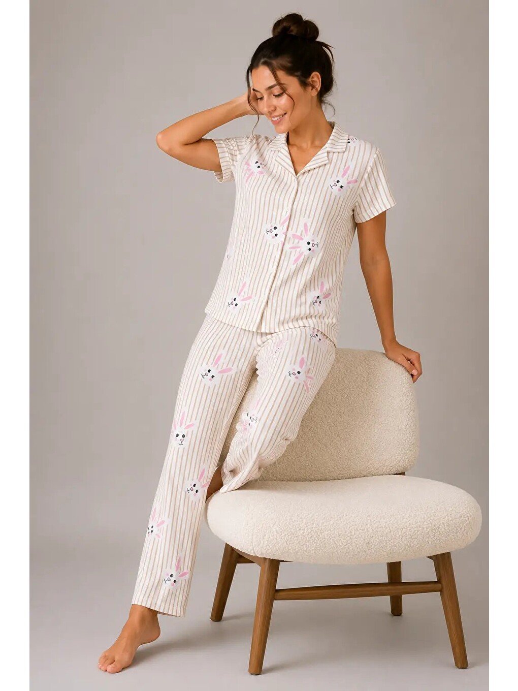 Ekru Desenli Kadın Pijama Takımı 9930-4