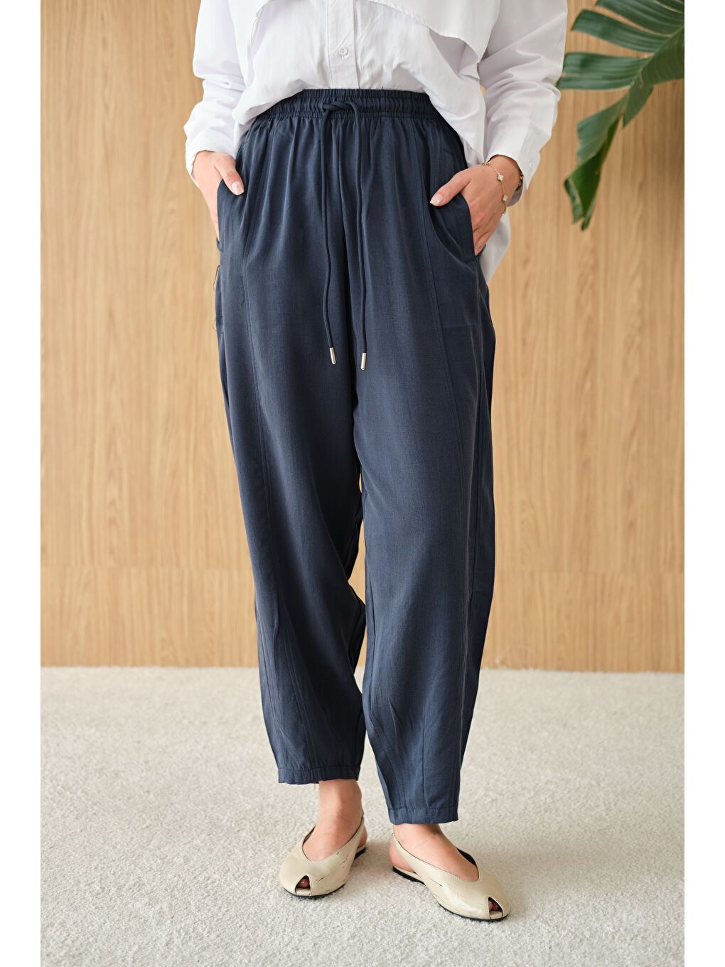 Kadın Şalvar Kesim Beli Ayarlanabilir Pantolon Lacivert-2