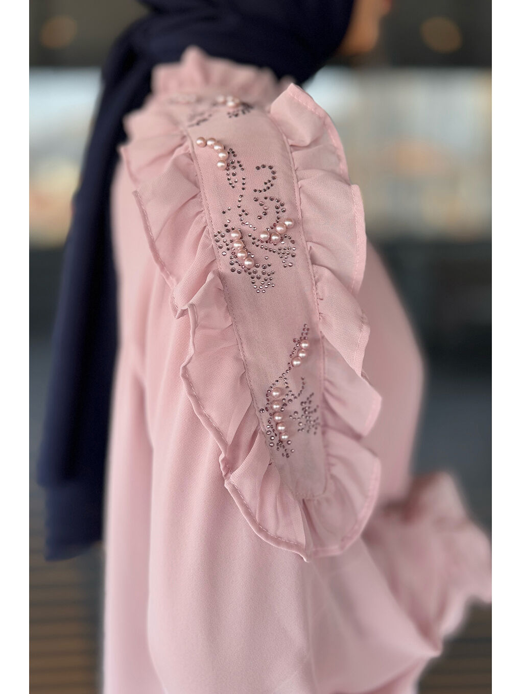 Pembe Tesettür Güpürlü İncili Piliseli Şifon Tunik-6