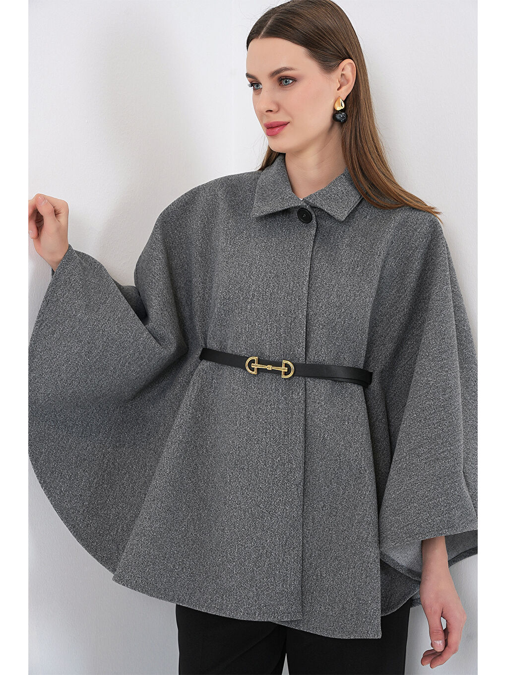 Kadın Kemerli Kaşe Panço 9170 - A.Gri-4