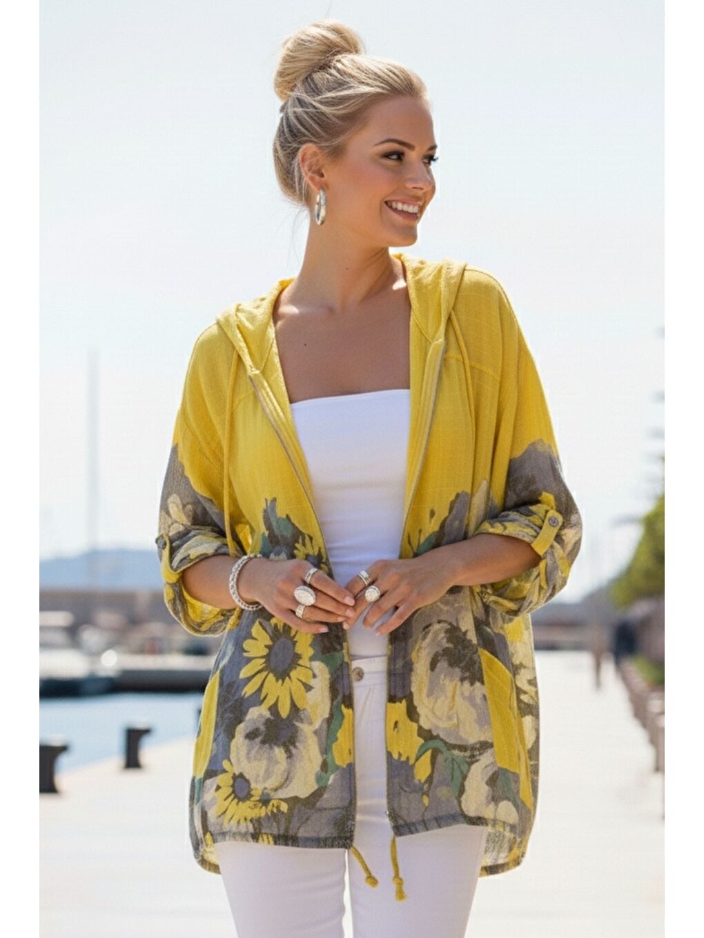 İtalyan Sarı Düğmeli Uzun Kollu Cepli Kapüşonlu Fermuarlı Baskılı Regular Boy Dokuma Ceket 68 65-3