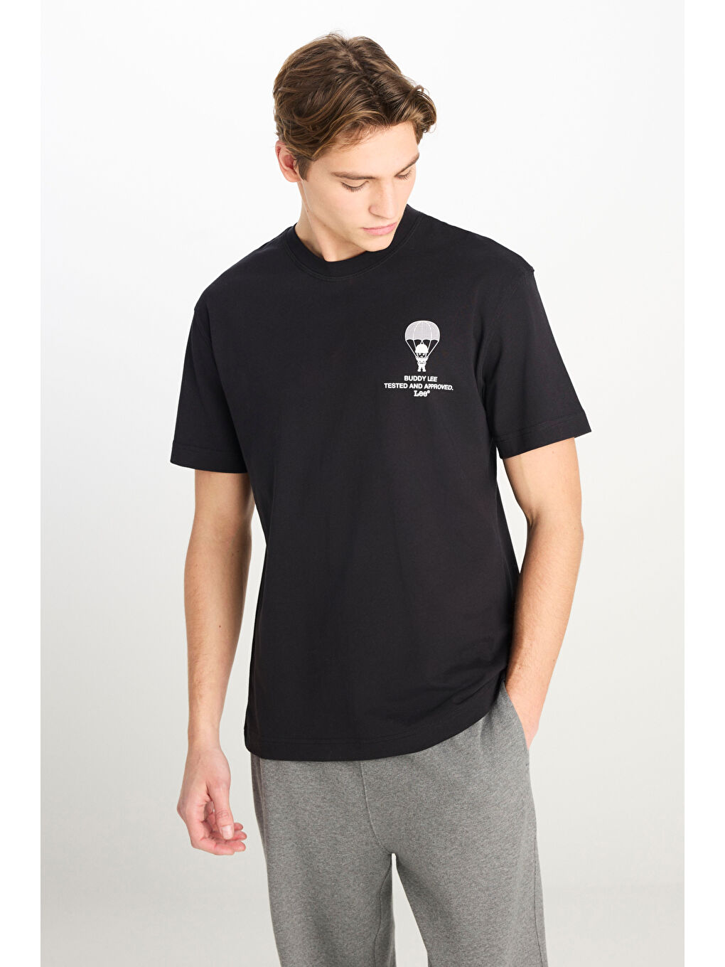 %100 Pamuk Relaxed Fit Geniş Kesim Bisiklet Yaka Siyah Tişört-1