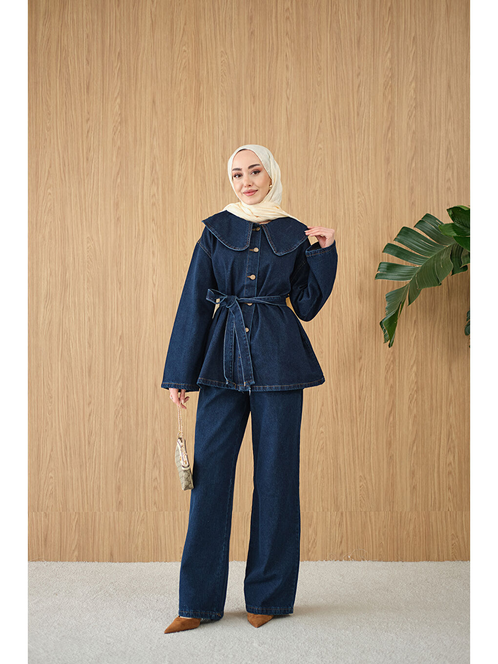 Kadın Bebe Yaka Bel Bağlamalı Jean Takım Lacivert-4