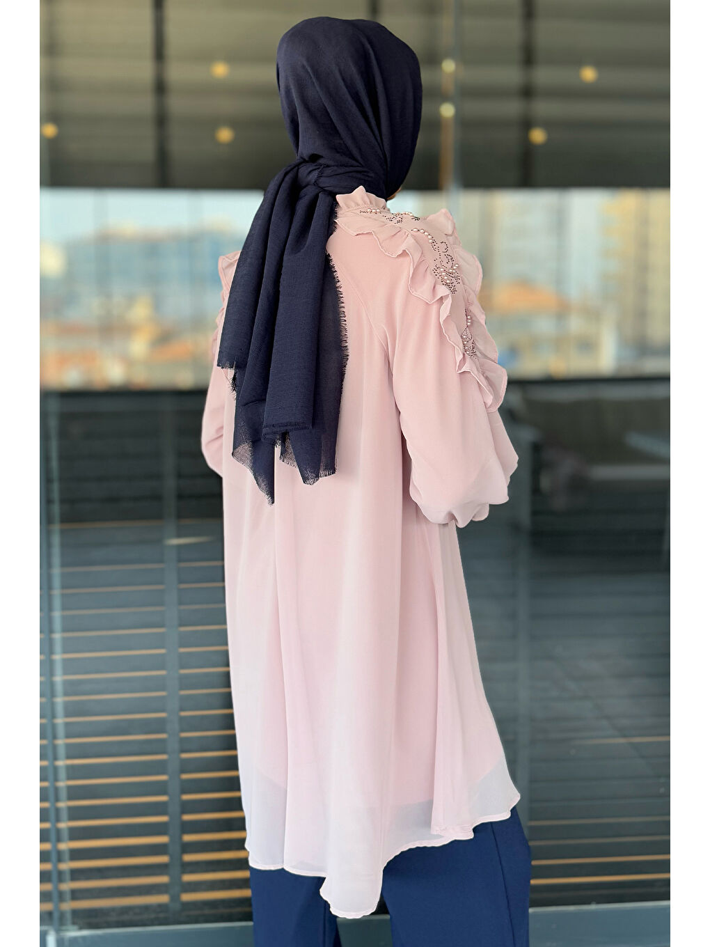 Pembe Tesettür Güpürlü İncili Piliseli Şifon Tunik-9