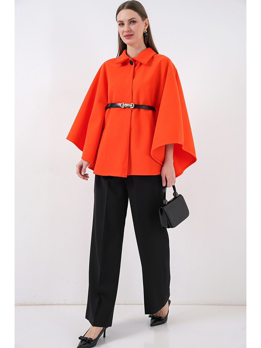 Kadın Kemerli Kaşe Panço 9170 - Turuncu-1