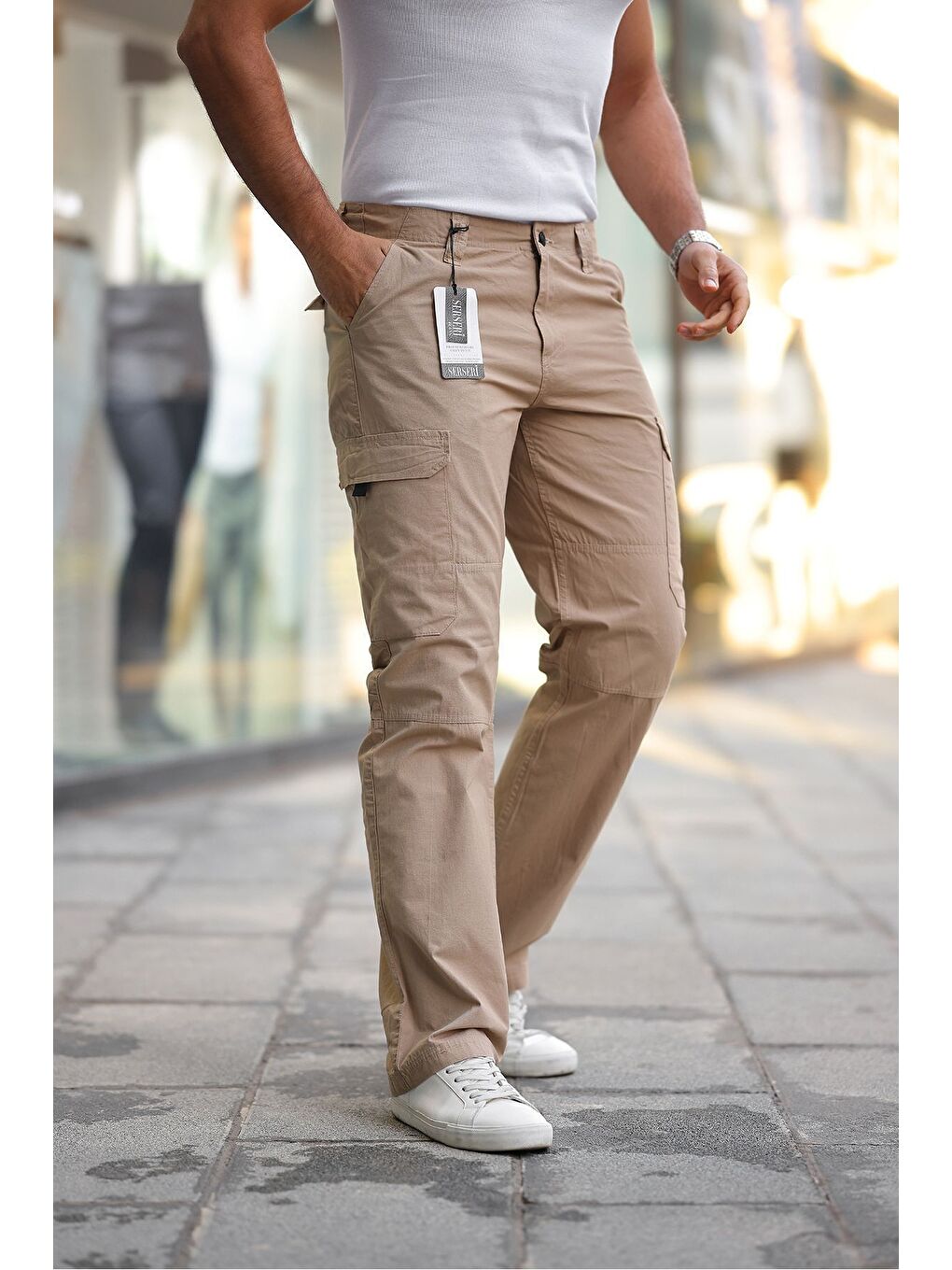 Bej Yan Cepli Armalı Baggy Pantolon