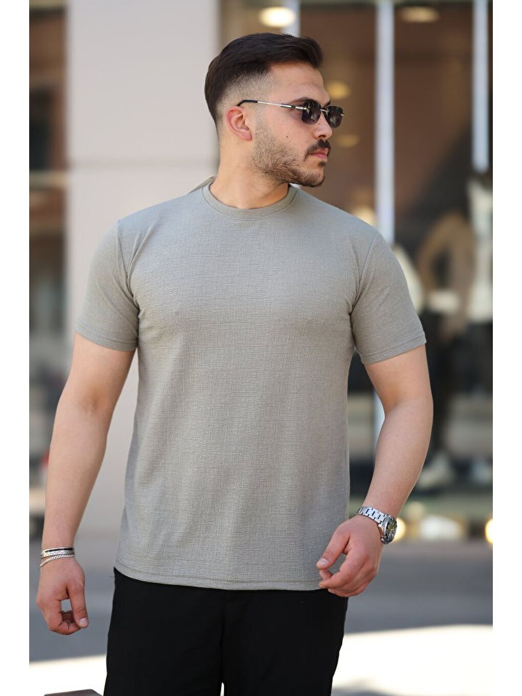 Yeşil Erkek Ağaç Kabuğu Desenli Kısa Kollu T-shirt