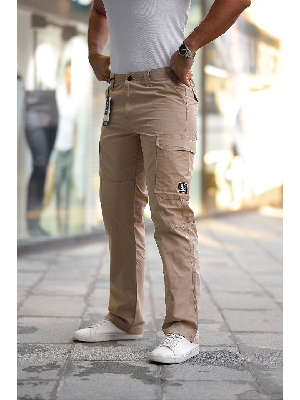 Bej Yan Cepli Armalı Baggy Pantolon-1