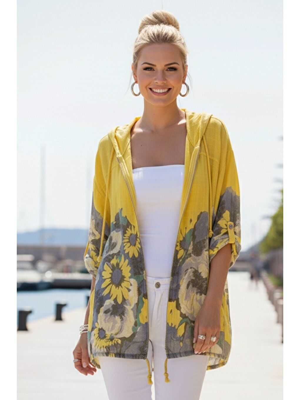 İtalyan Sarı Düğmeli Uzun Kollu Cepli Kapüşonlu Fermuarlı Baskılı Regular Boy Dokuma Ceket 68 65-4