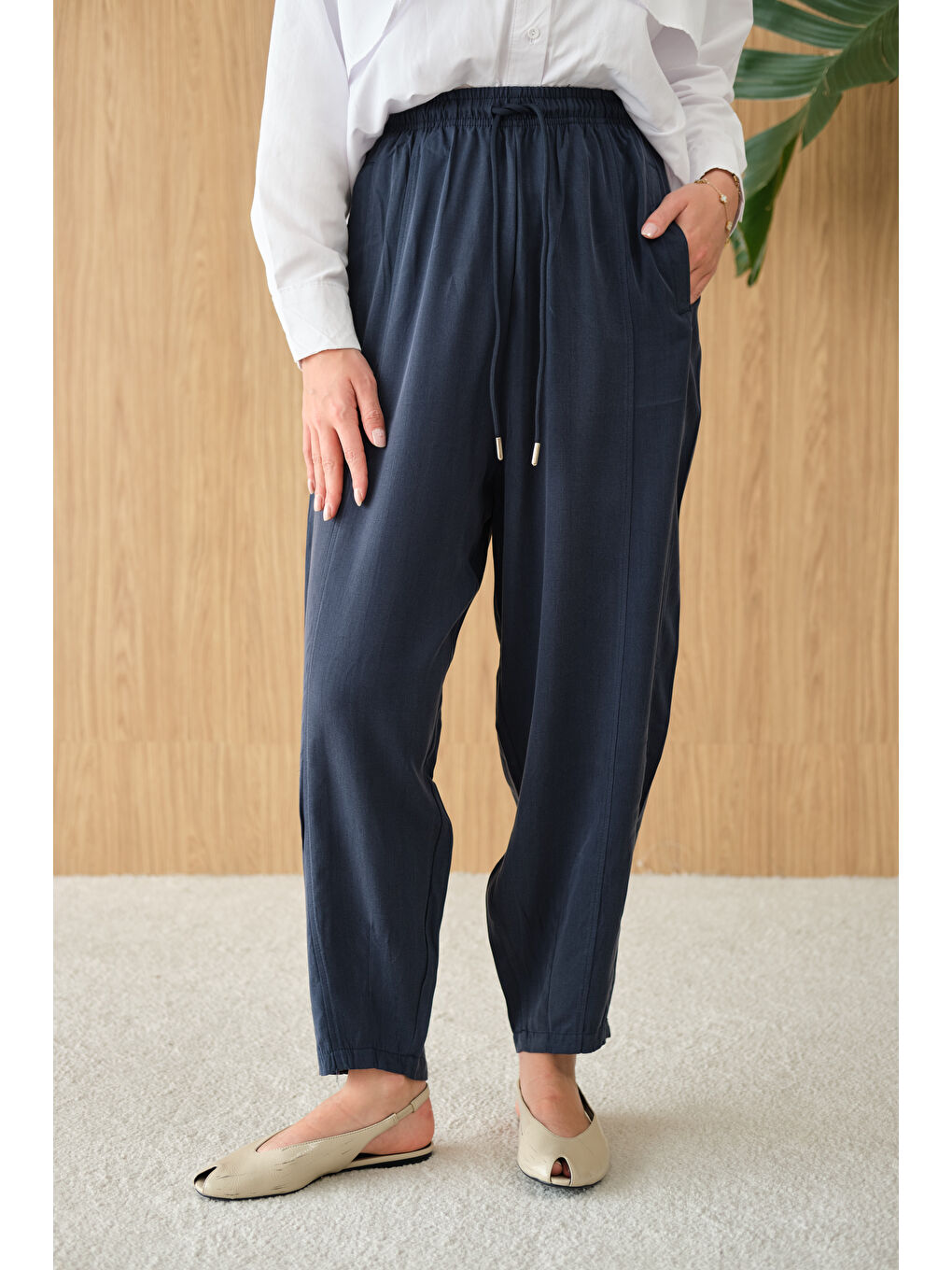 Kadın Şalvar Kesim Beli Ayarlanabilir Pantolon Lacivert-3