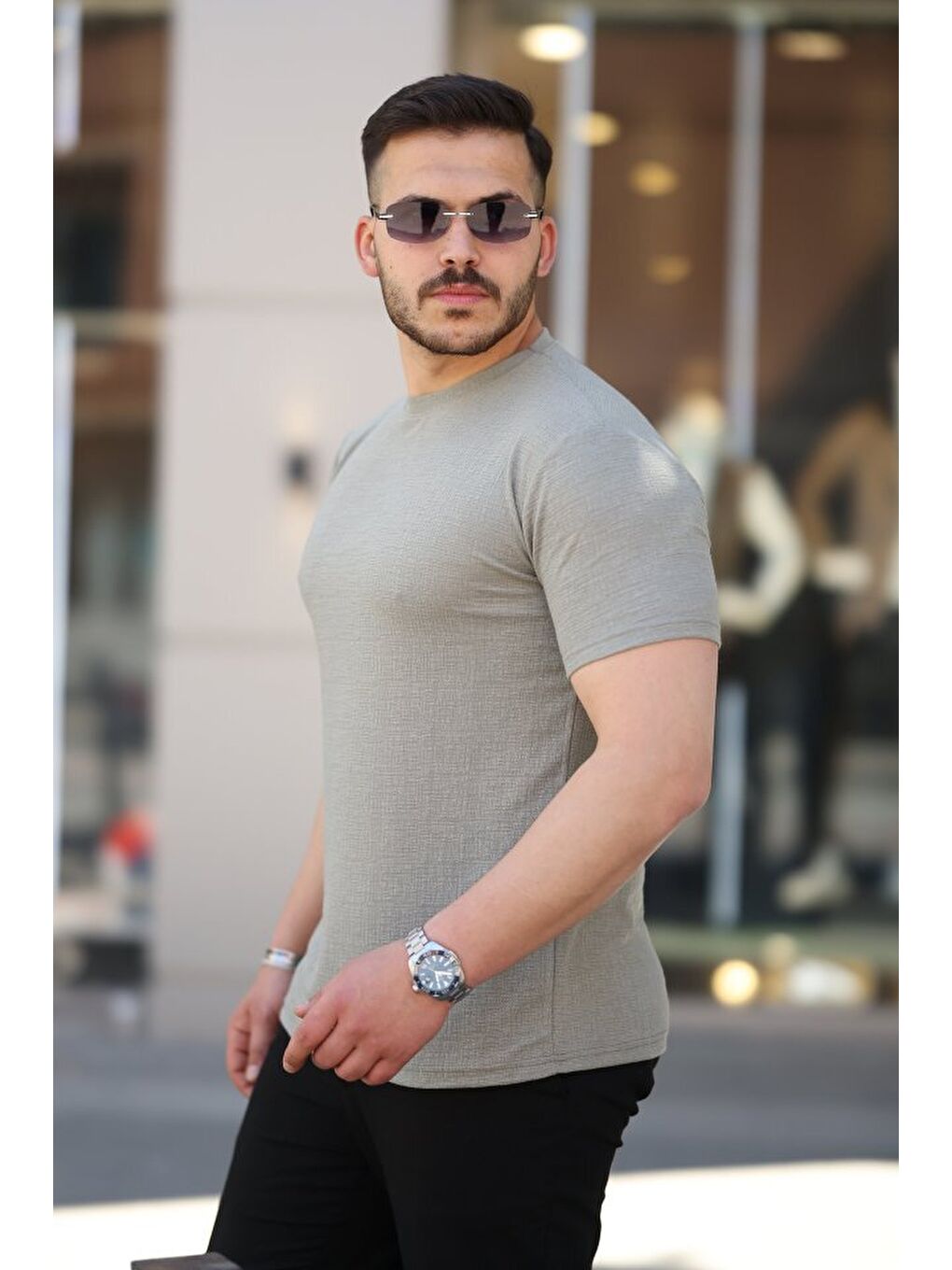 Yeşil Erkek Ağaç Kabuğu Desenli Kısa Kollu T-shirt-1