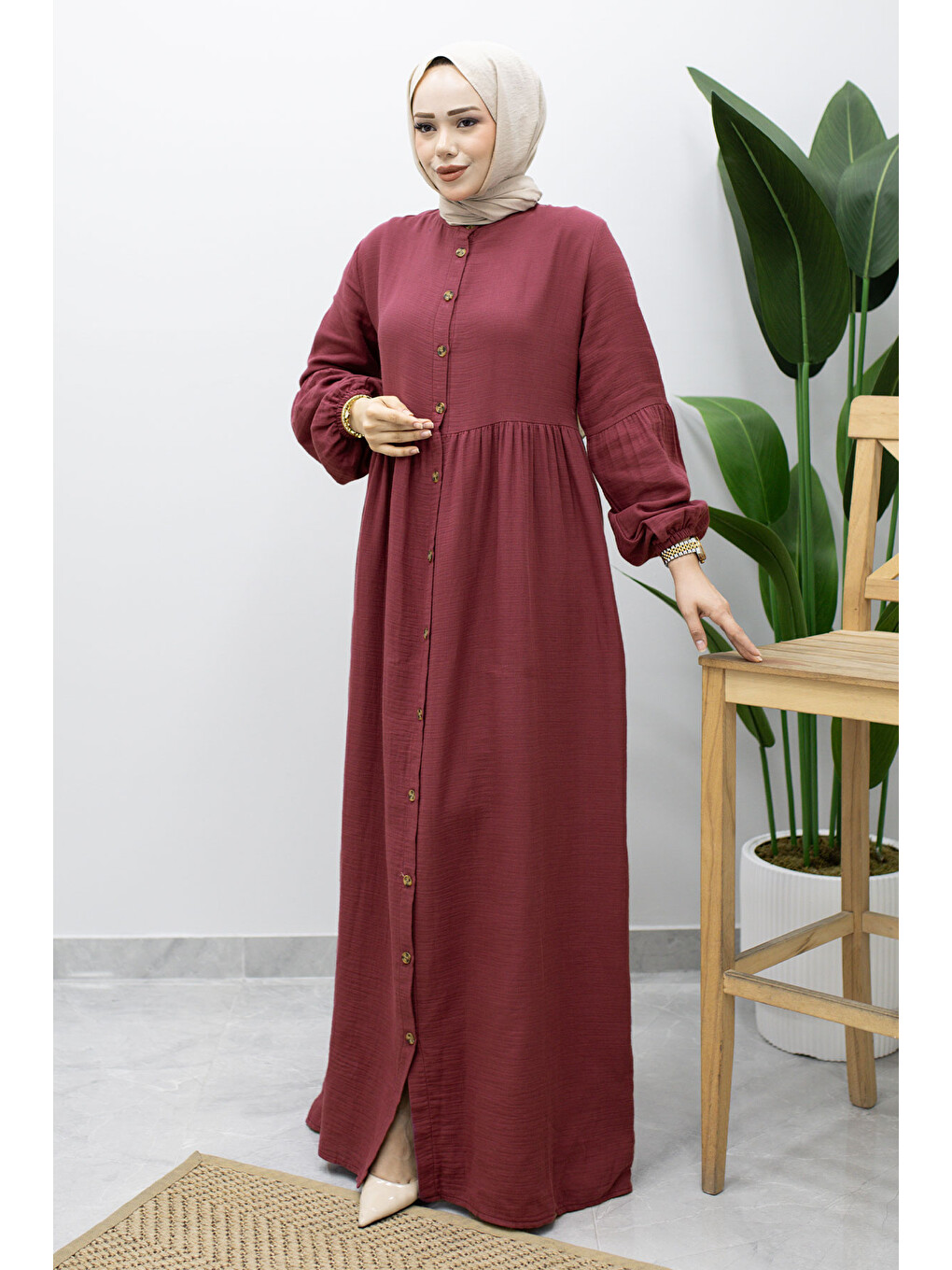 Boydan Düğmeli Müslin Elbise TSD260219 Fuşya-2