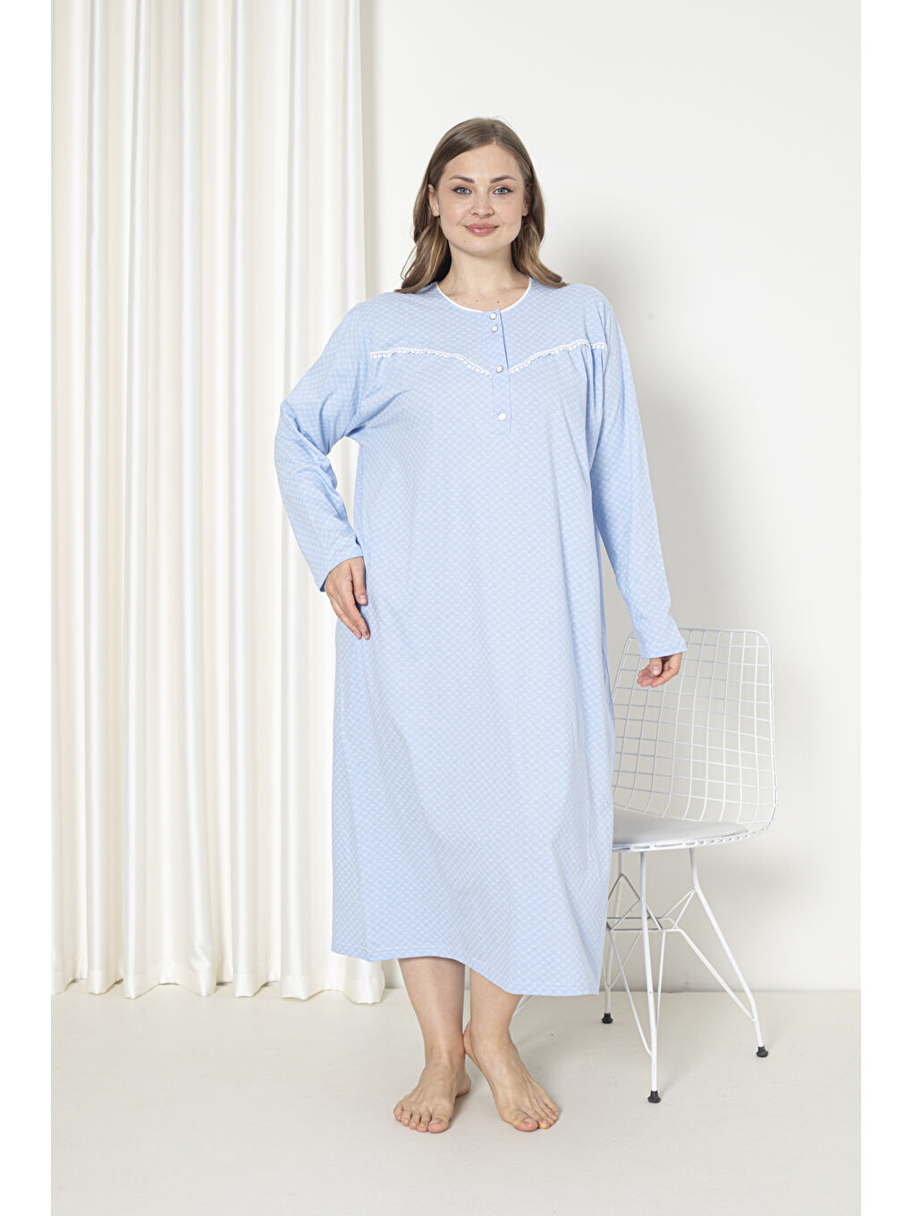 Mavi %100 Pamuklu Penye Uzun Kol Büyük Beden Anne Geceliği 052-2