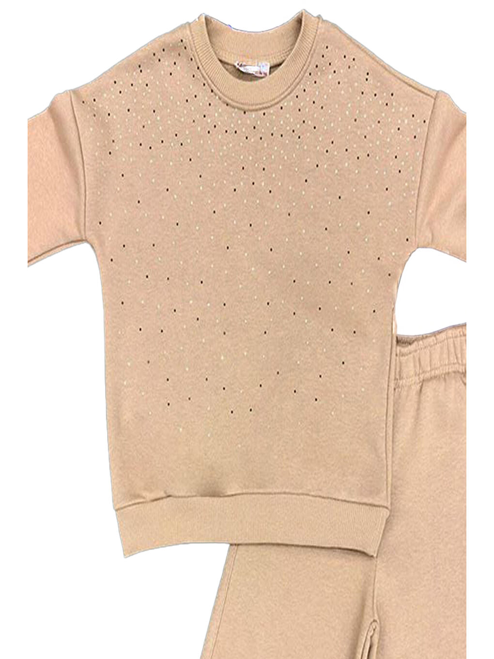 Bej Kız Çocuk 3 İplik Taş Detaylı Alt-Üst Takım 4-12 Yaş 12346-1