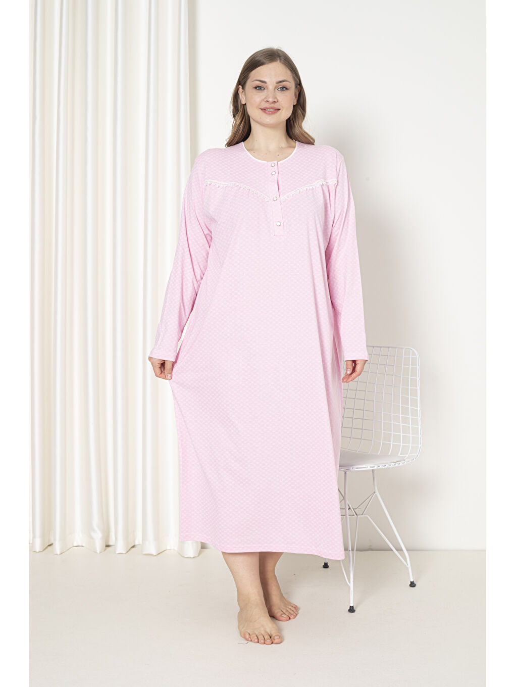 Pembe %100 Pamuklu Penye Uzun Kol Büyük Beden Anne Geceliği 052-2