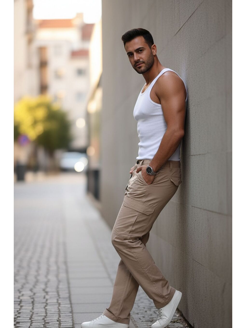 Bej Yan Cepli Armalı Baggy Pantolon-3