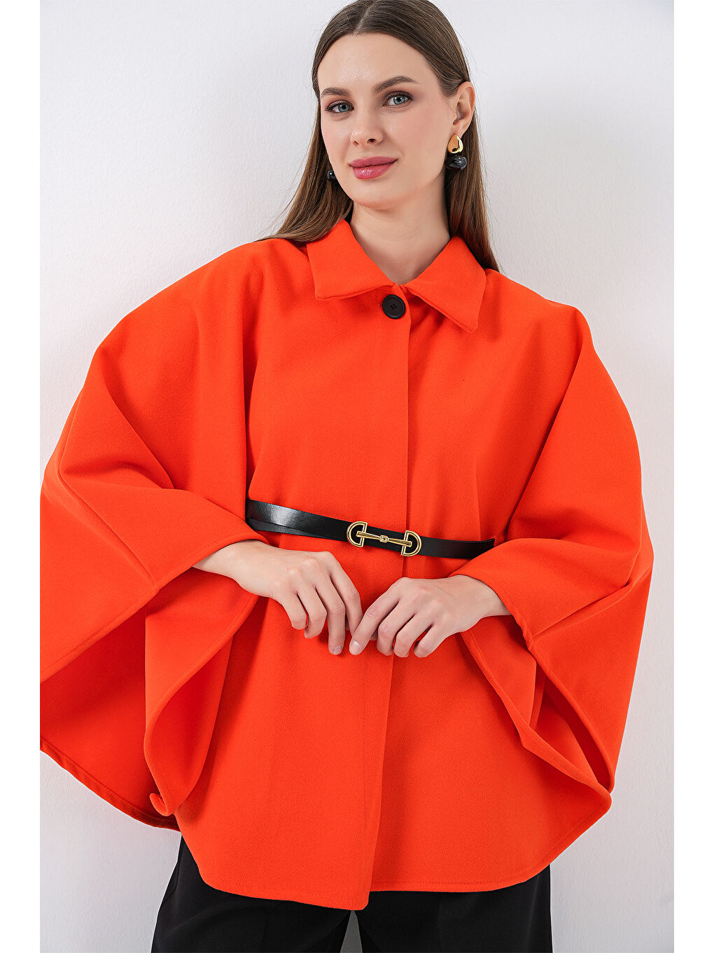 Kadın Kemerli Kaşe Panço 9170 - Turuncu-2