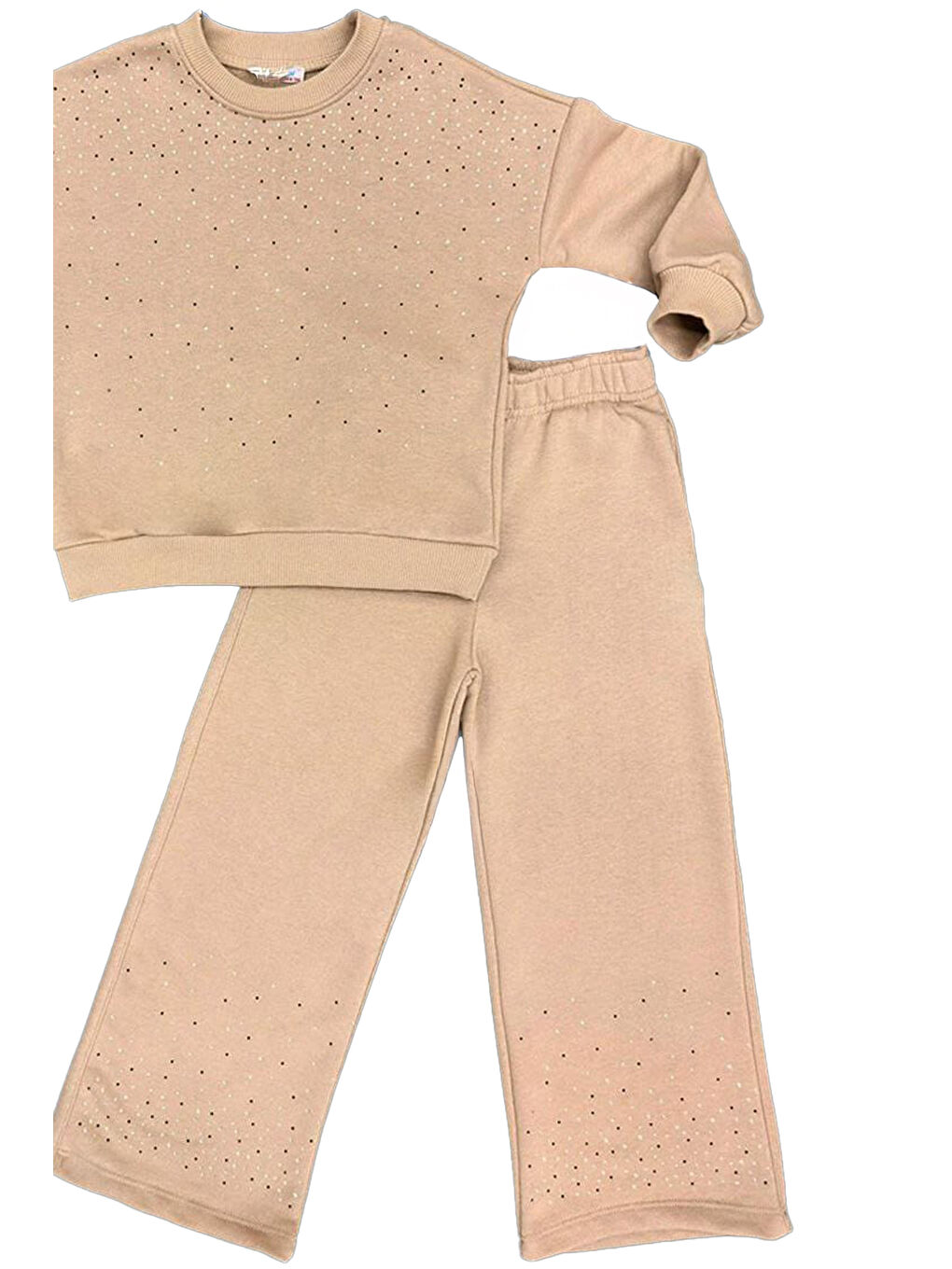 Bej Kız Çocuk 3 İplik Taş Detaylı Alt-Üst Takım 4-12 Yaş 12346-3