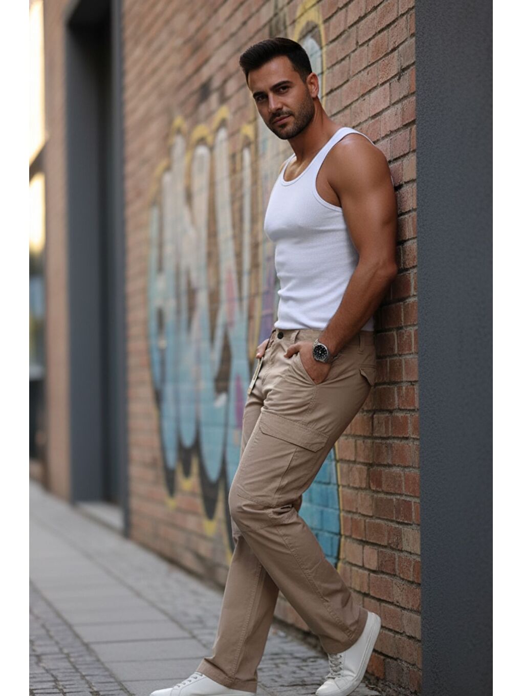 Bej Yan Cepli Armalı Baggy Pantolon-4