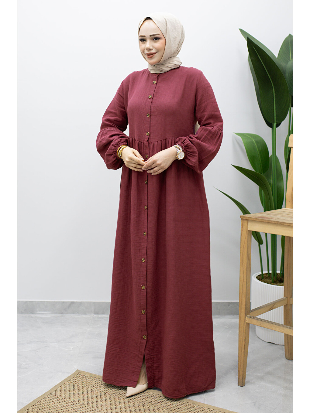 Boydan Düğmeli Müslin Elbise TSD260219 Fuşya-4