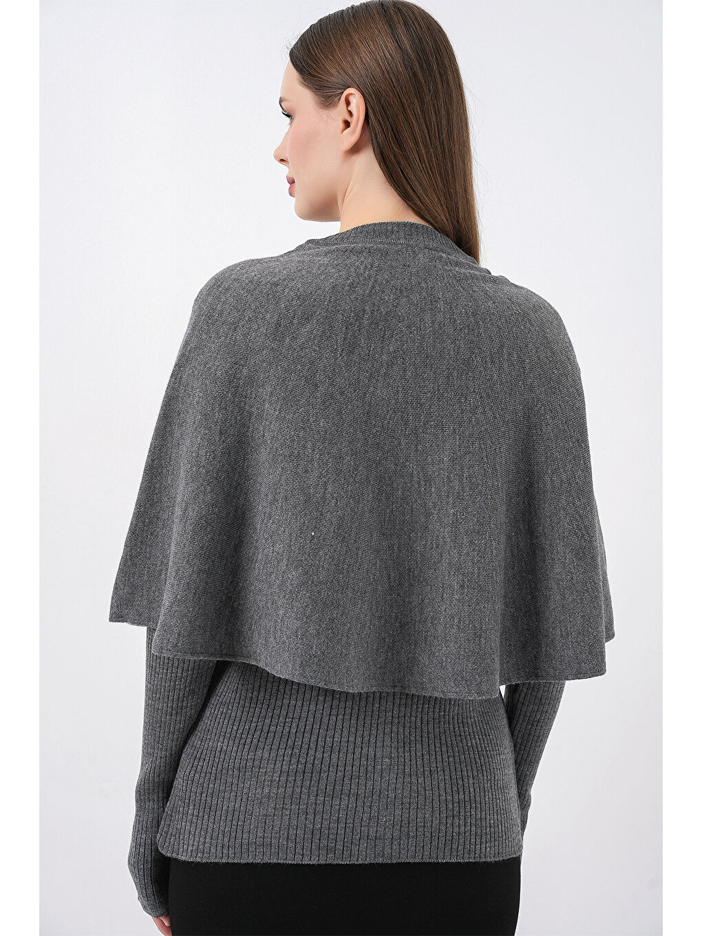 Kadın Pelerinli Triko Hırka 15967 - Antrasit-6