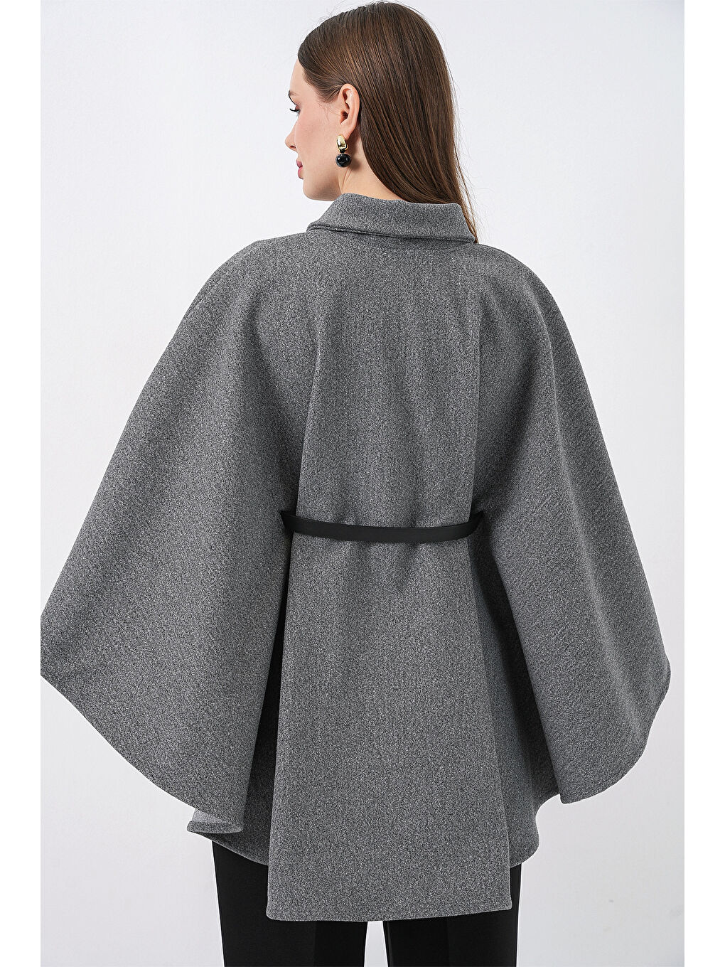 Kadın Kemerli Kaşe Panço 9170 - A.Gri-6