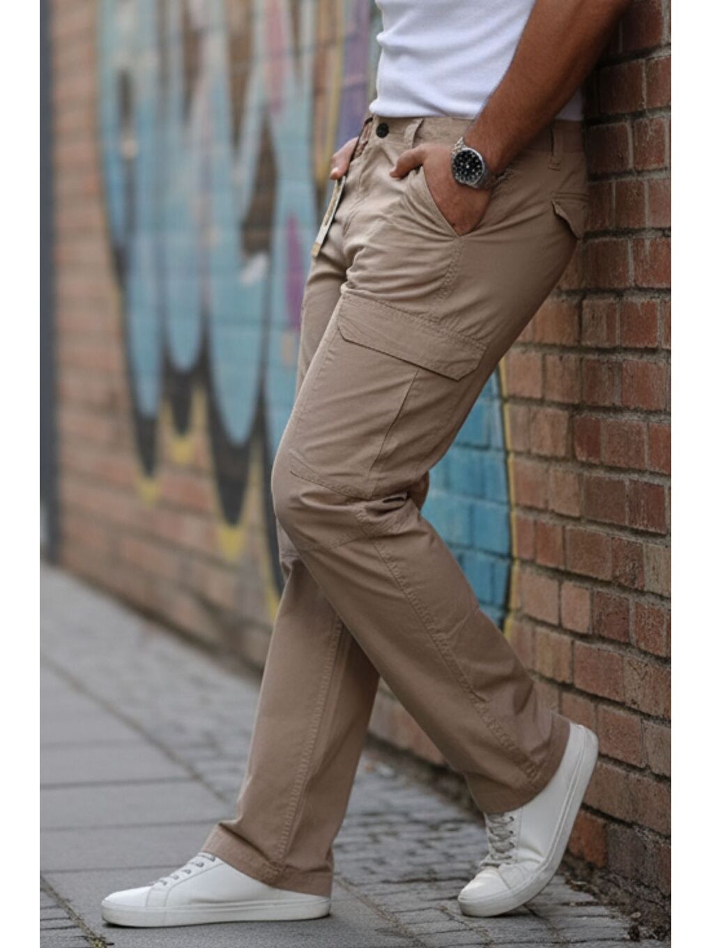 Bej Yan Cepli Armalı Baggy Pantolon-5