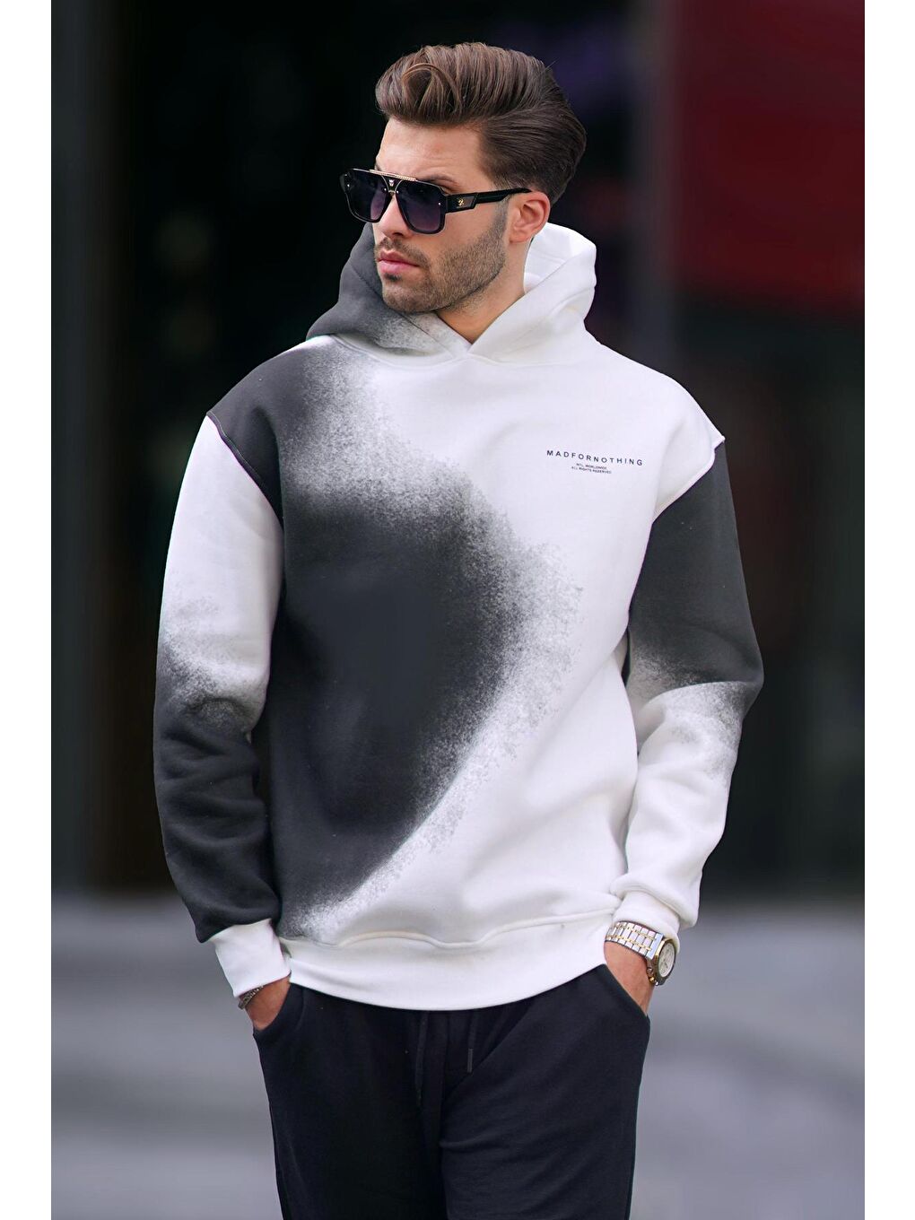 Madmext Ekru Baskılı Kapüşonlu Soluk Kumaşlı Oversize Erkek Sweatshirt 7051