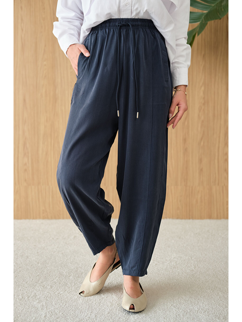 Kadın Şalvar Kesim Beli Ayarlanabilir Pantolon Lacivert-4
