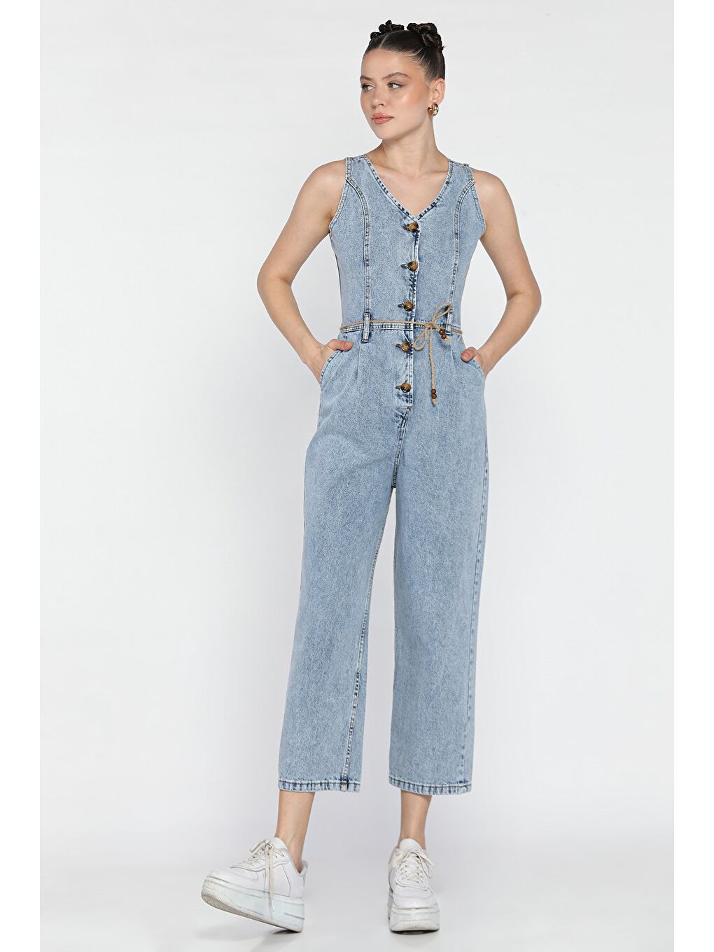 Mavi Ön Düğmeli Kemerli Jean Jean Tulum Salopet