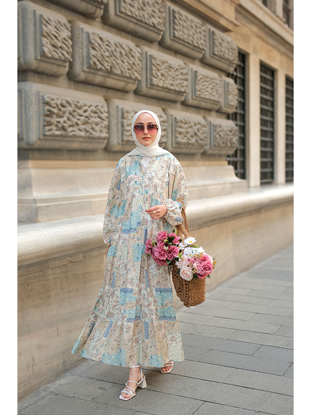 Kadın Vintage Çicek Desenli Elbise Mavi-1