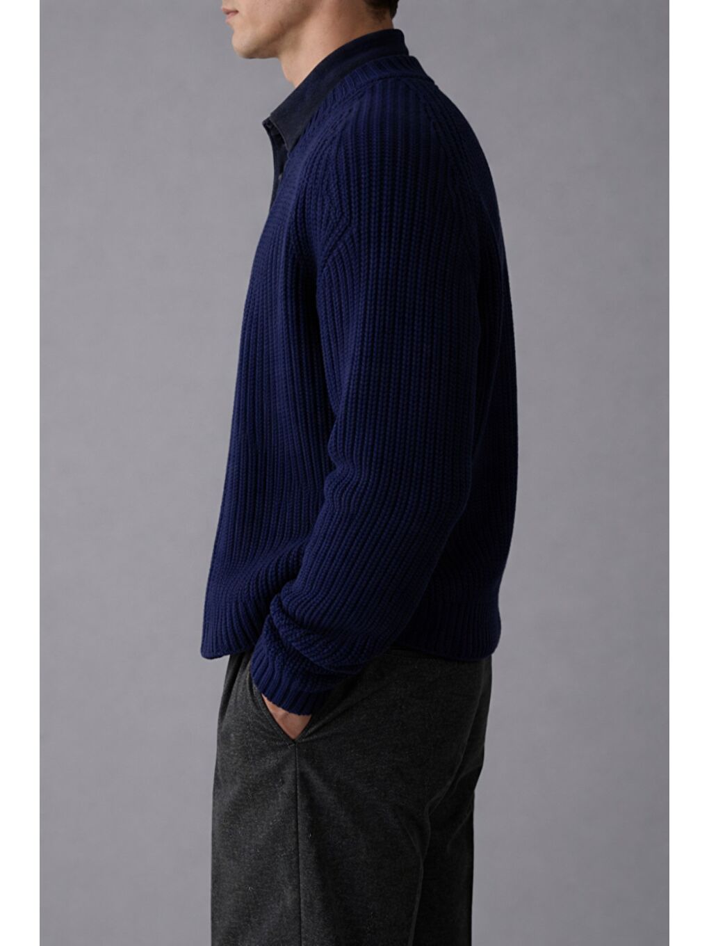 Lacivert Erkek Slim Fit Pamuklu Yuvarlak Yaka Düğmeli Hırka-1