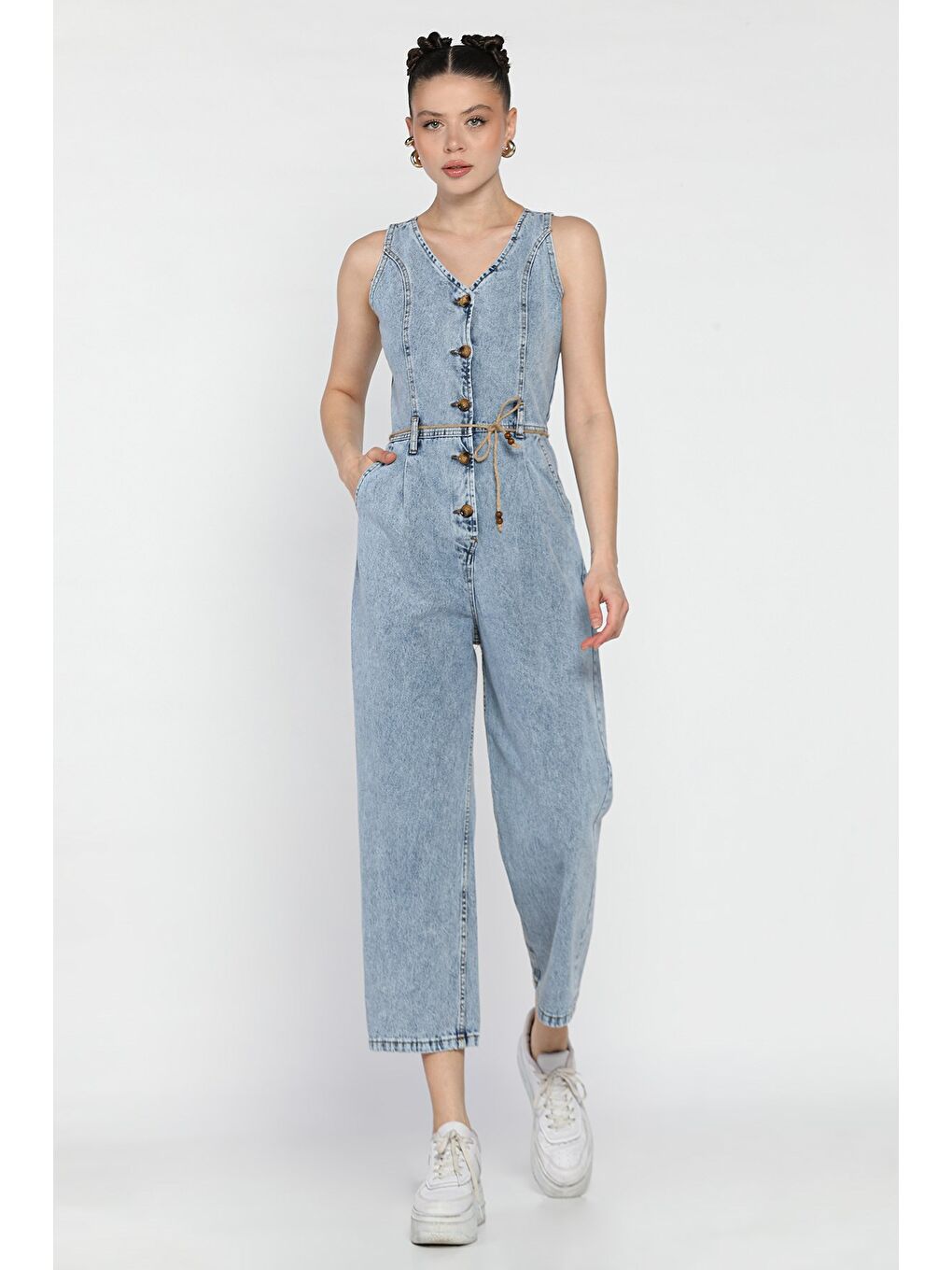 Mavi Ön Düğmeli Kemerli Jean Jean Tulum Salopet-1