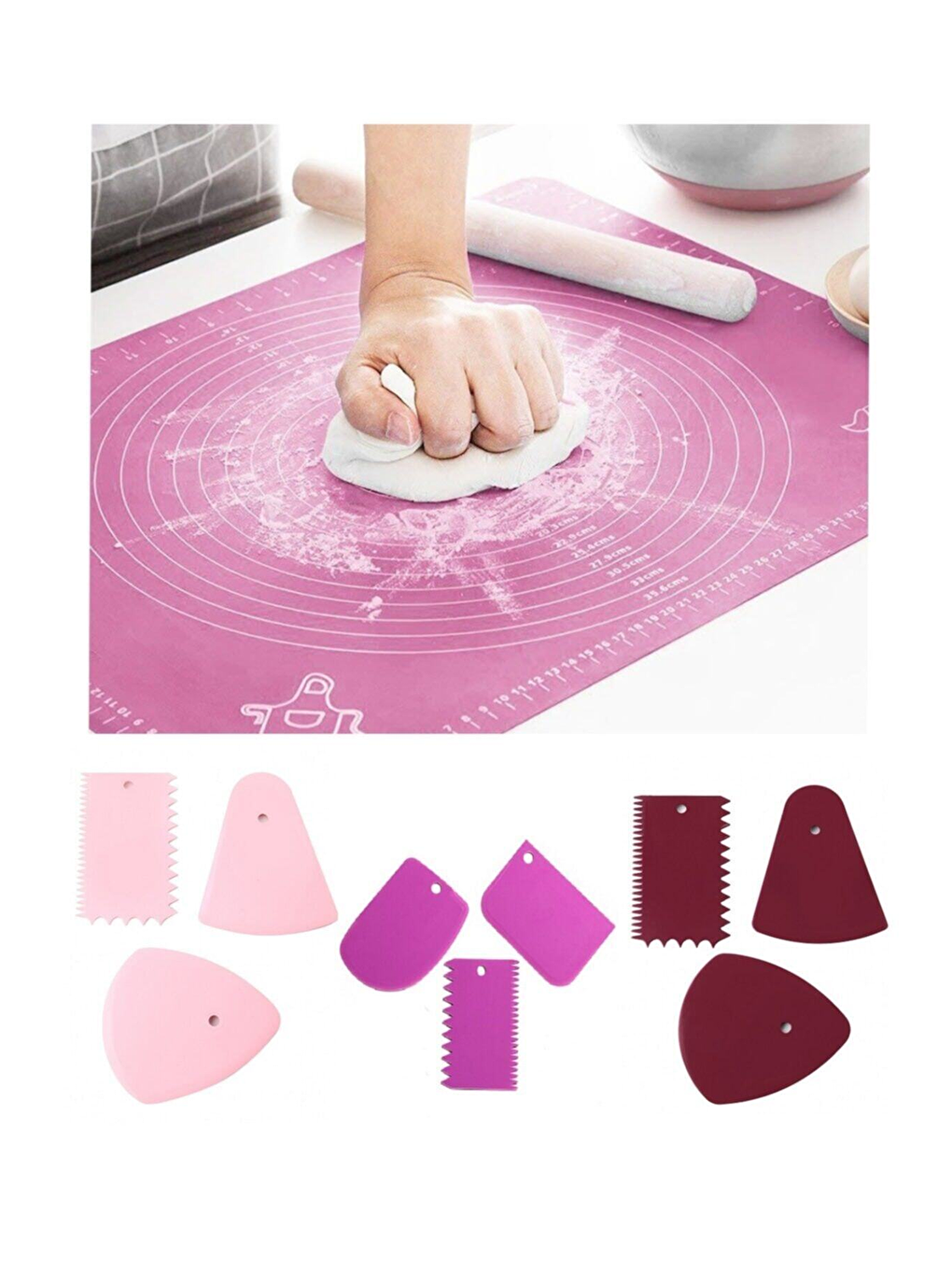 Karışık 2 Li Set 45x65 Cm Silikon Hamur Açma Matı Ve 3'lü Hamur Kesici Kazıyıcı Dekoratör Set-1