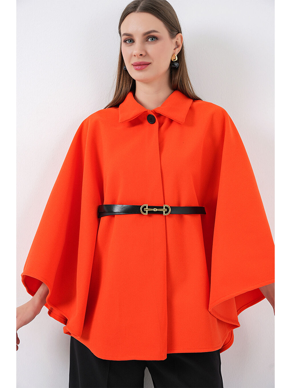 Kadın Kemerli Kaşe Panço 9170 - Turuncu-3