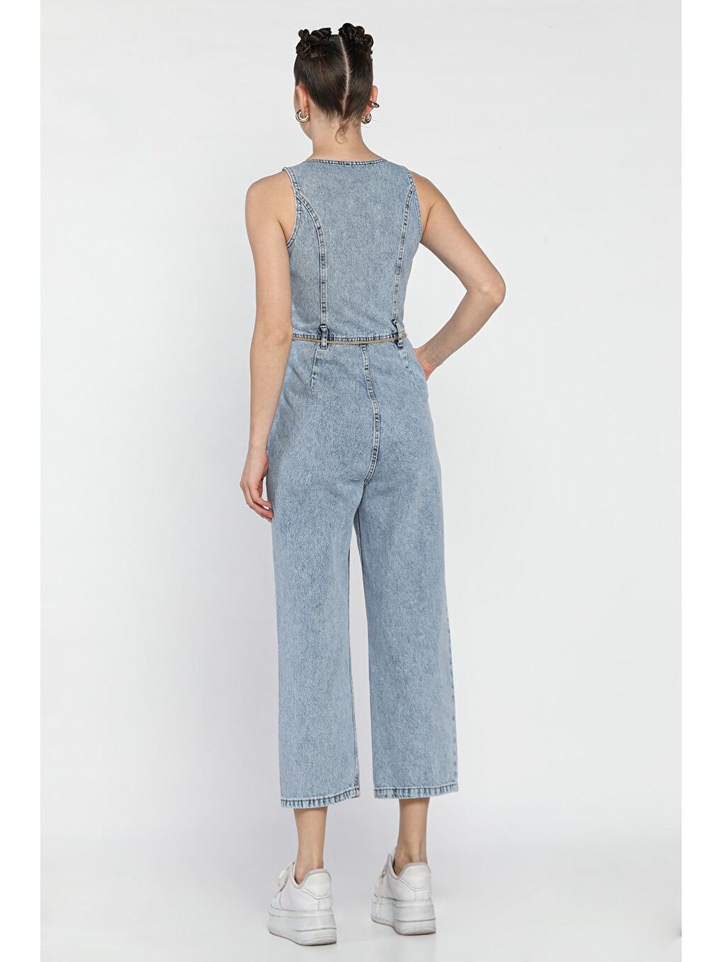 Mavi Ön Düğmeli Kemerli Jean Jean Tulum Salopet-2