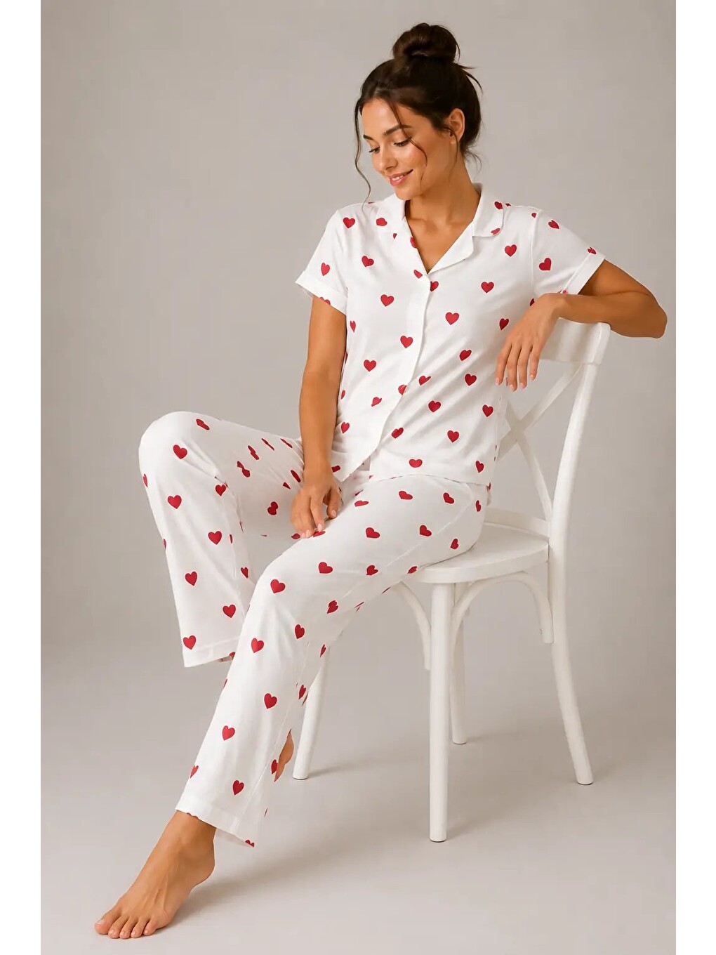 Beyaz Desenli Kadın Pijama Takımı 9930-1