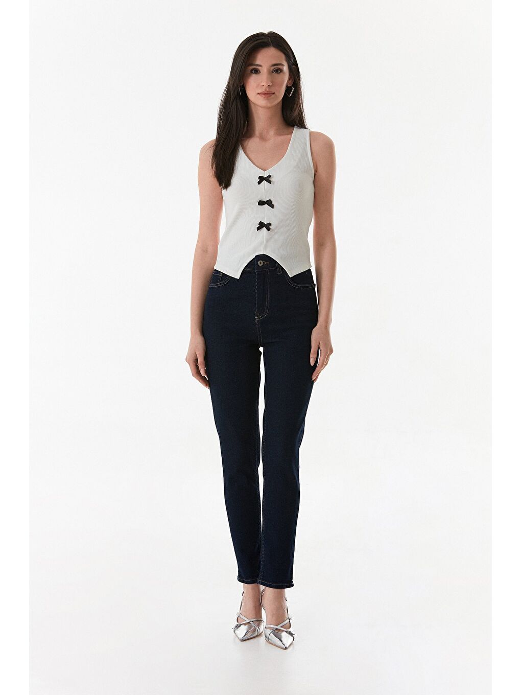 Lacivert Yüksek Bel Elastanlı Mom Jean