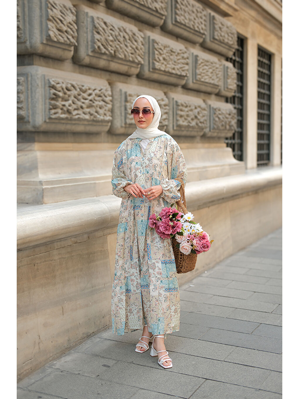 Kadın Vintage Çicek Desenli Elbise Mavi-3