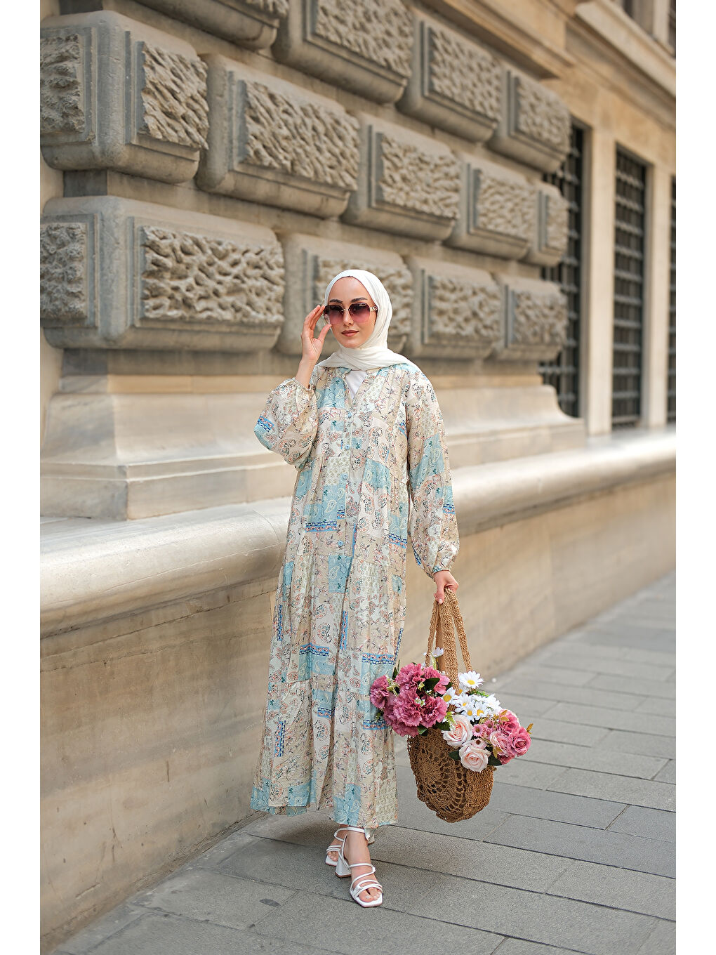 Kadın Vintage Çicek Desenli Elbise Mavi-4