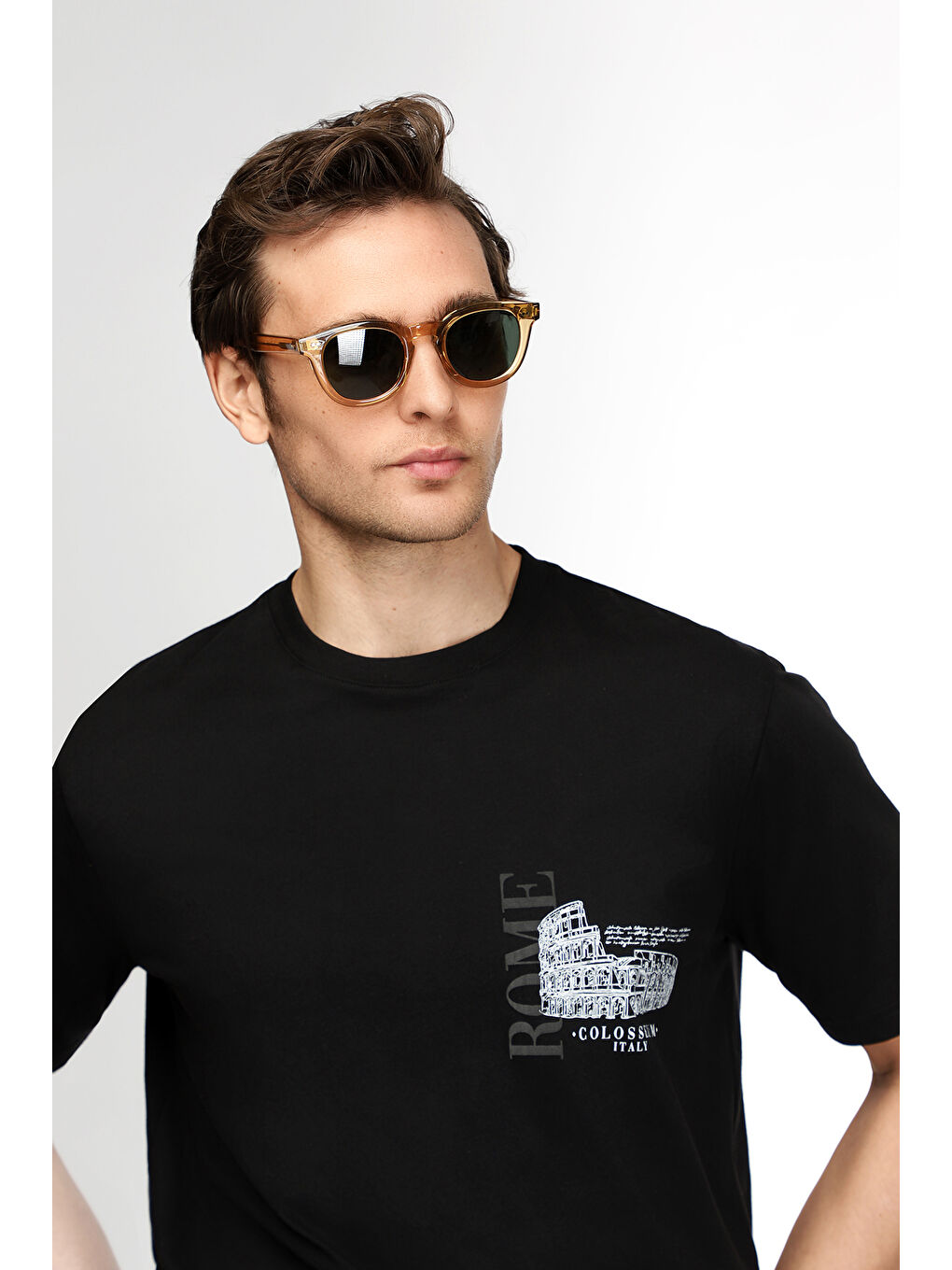 Siyah Bisiklet Yaka Regular Fit Baskılı Pamuk Tişört