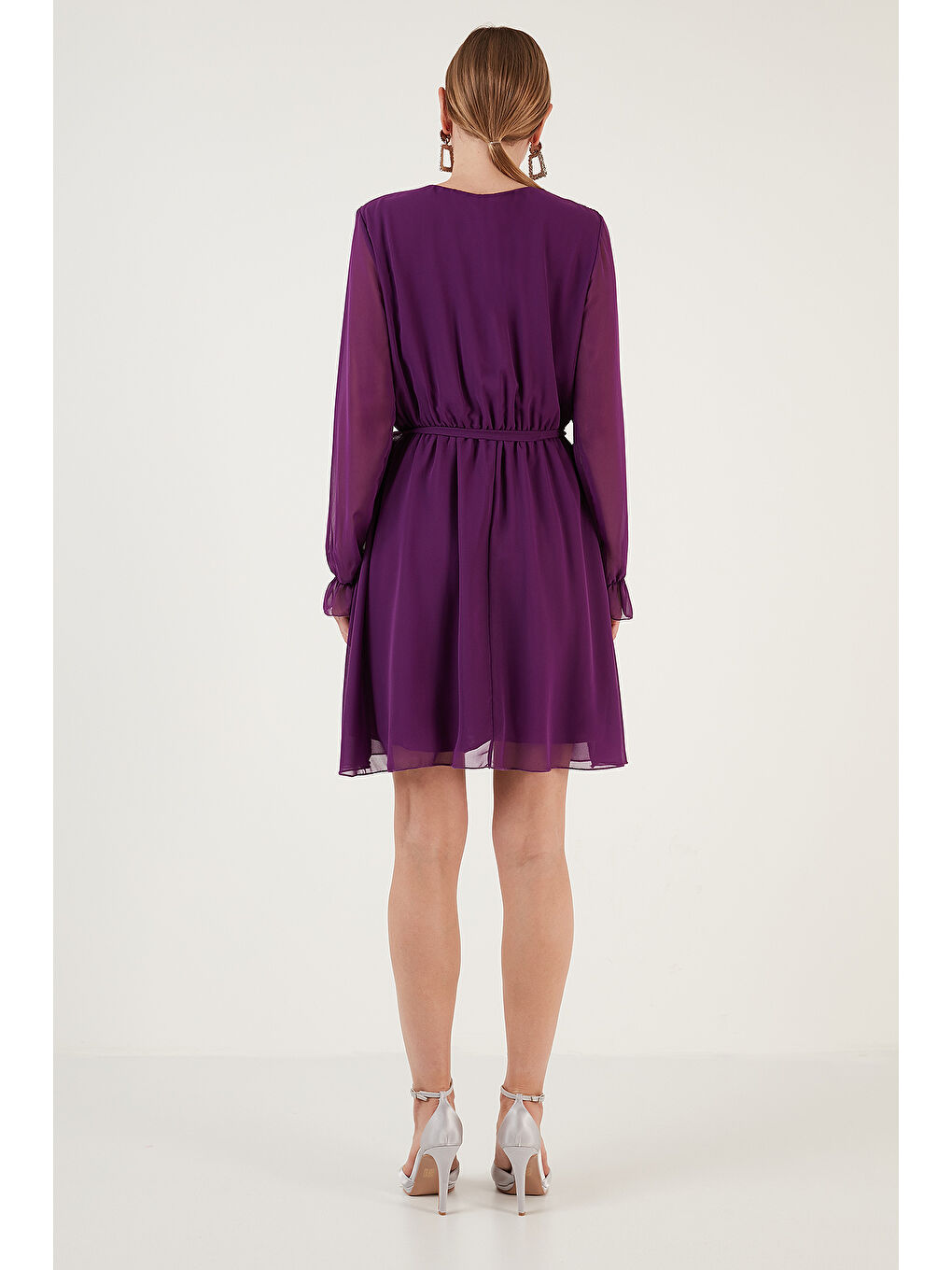 Mor Kruvaze Yaka Bağlama Detaylı Şifon Mini Elbise 6051467-5