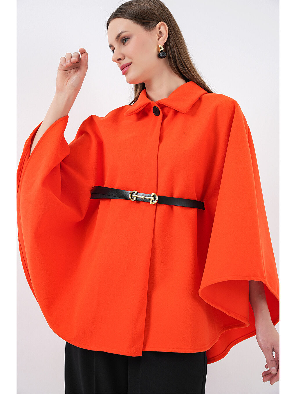 Kadın Kemerli Kaşe Panço 9170 - Turuncu-4