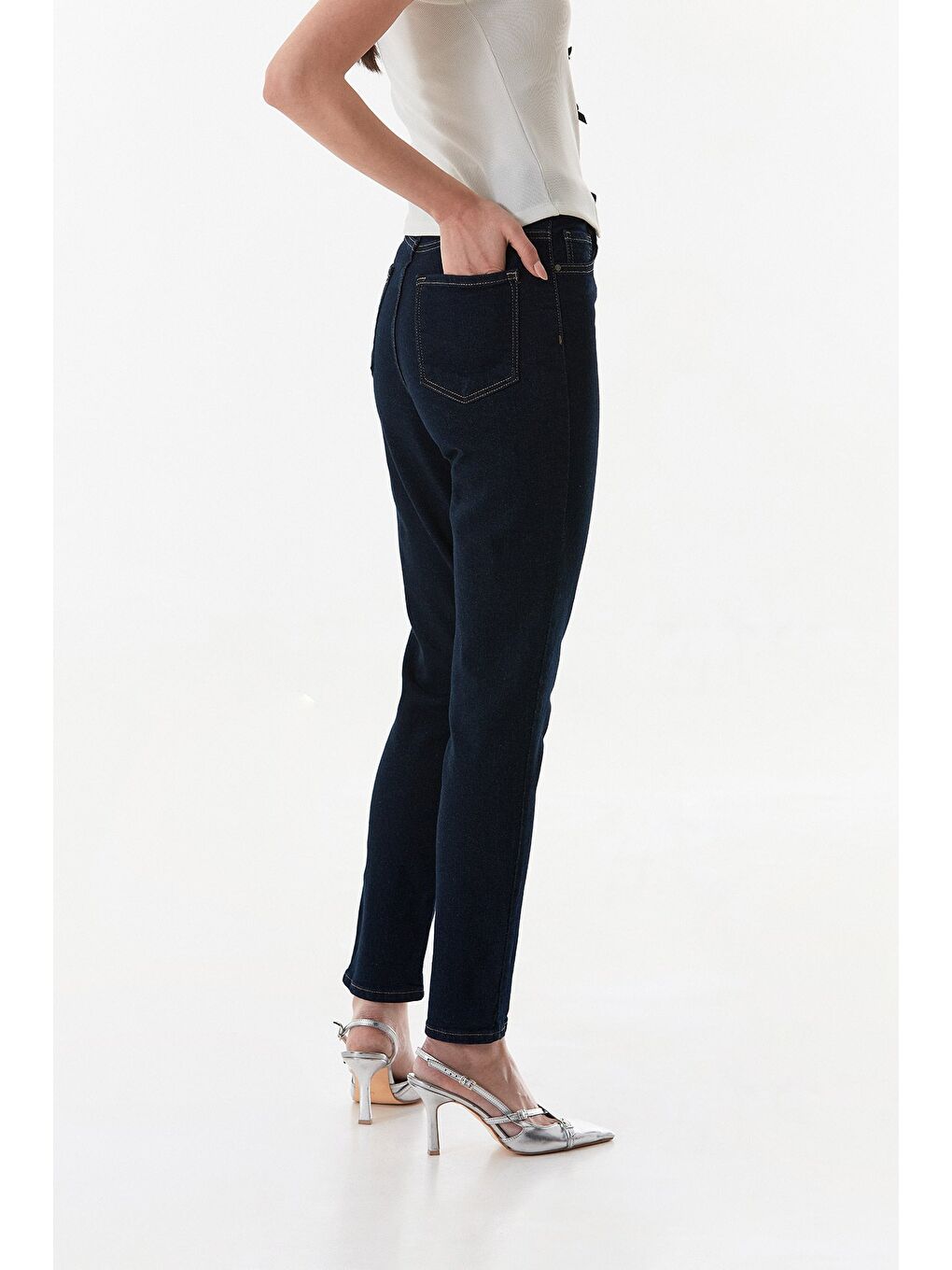 Lacivert Yüksek Bel Elastanlı Mom Jean-3