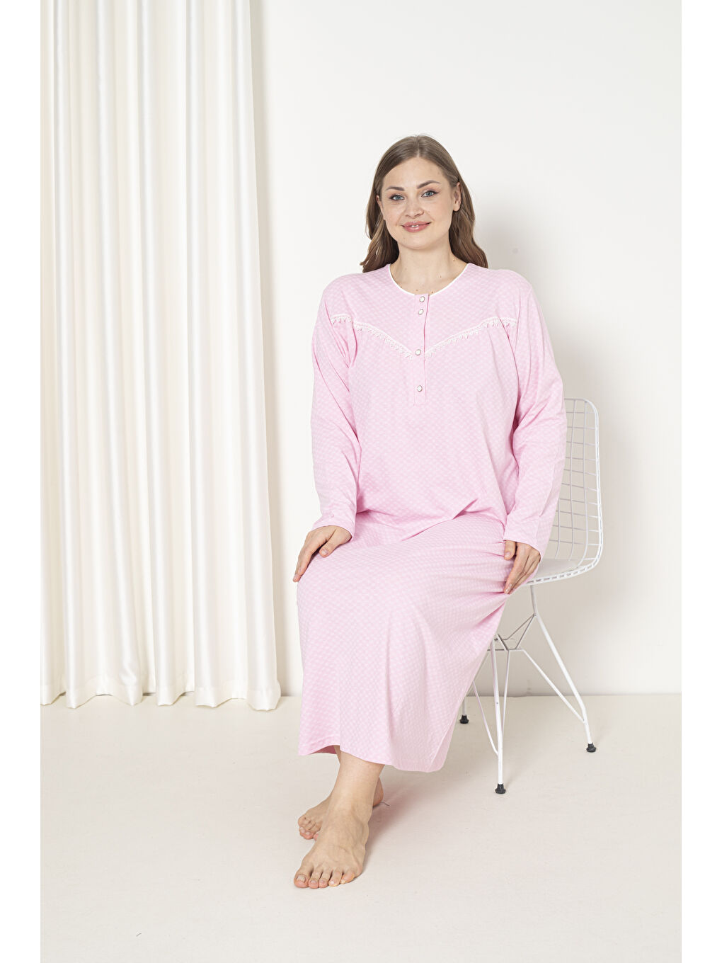 Pembe %100 Pamuklu Penye Uzun Kol Büyük Beden Anne Geceliği 052-3