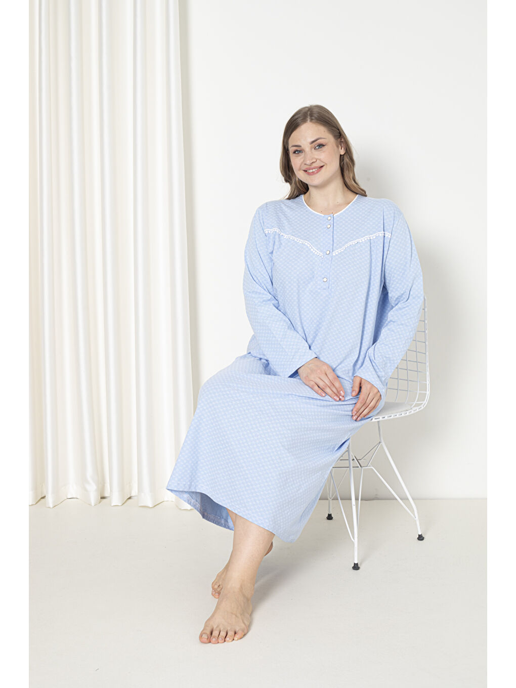 Mavi %100 Pamuklu Penye Uzun Kol Büyük Beden Anne Geceliği 052-3